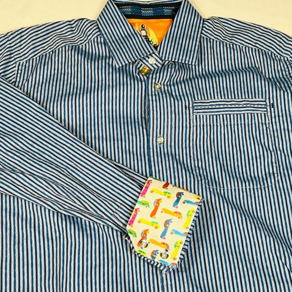 Robert Graham Sparky Blue White Striped Button Down Shirt Mens Medium Car Print